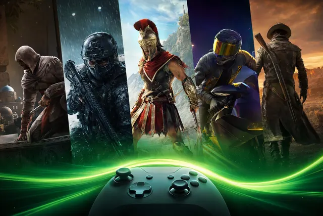 Editorial illustration for Xbox Free Play Days featuring five Ubisoft games available to try without Game Pass