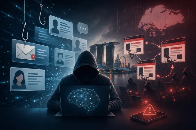 AI-generated editorial illustration accompanying an article about AI-enabled scams and Singapore’s police Cyber Command