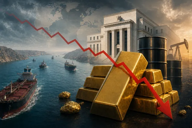 Gold bars beside oil-market imagery, illustrating Strait of Hormuz tensions and dollar pressure on bullion
