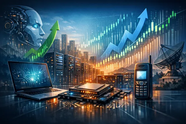 AI-generated editorial image visualizing the resurgence of legacy 'dinosaur' tech stocks like Dell, Nokia, and Intel, driven by the AI infrastructure boom.