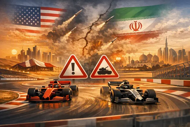 Formula 1 car racing under floodlights with a map-like depiction of the Middle East and Europe in the background