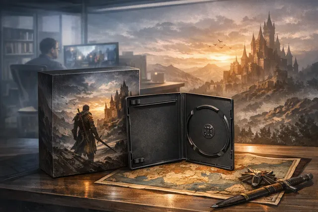 AI-generated editorial illustration about The Witcher 4’s physical edition and the possible end of PlayStation game discs