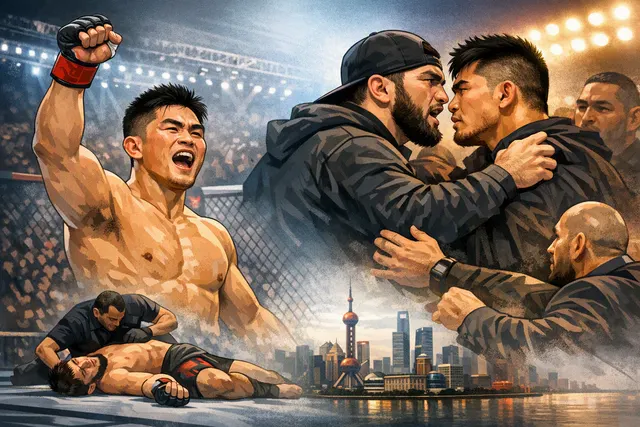 AI-generated editorial illustration of Song Yadong celebrating his UFC Shanghai knockout