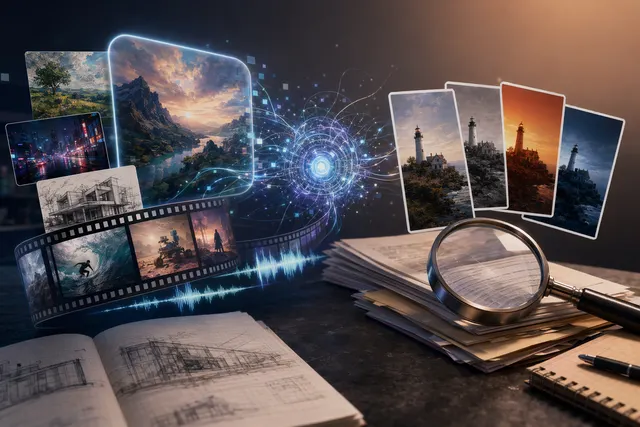 AI-generated editorial illustration of Grok media features, showing video frames and stylized image outputs