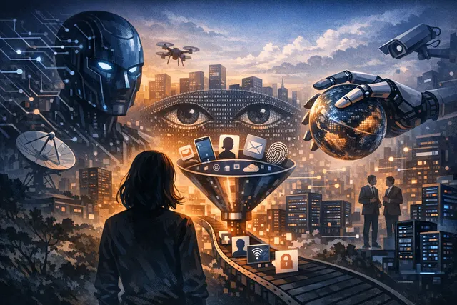 Meredith Whittaker, President of the Signal Foundation, pictured against a conceptual backdrop of digital surveillance signals and AI network nodes