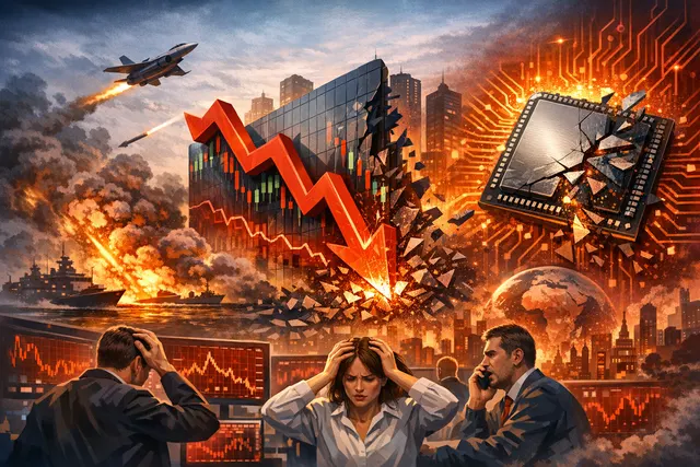 A digital visualization showing downward red stock market trend lines over a world map, with oil barrel and microchip icons symbolizing the dual US-Iran geopolitical and Broadcom A