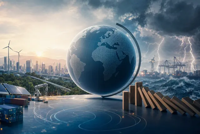 AI-generated editorial illustration accompanying an article on the IMF’s global economic outlook