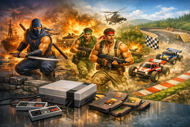 Editorial illustration for Nintendo Switch Online’s September 2026 NES Classics update featuring Ninja Gaiden III, Ikari Warriors, and R.C. Pro-Am II