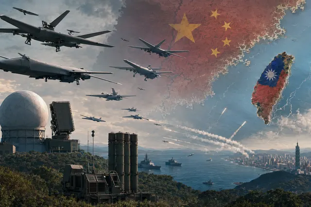 AI-generated illustration of drones and missile interceptors over the Taiwan Strait