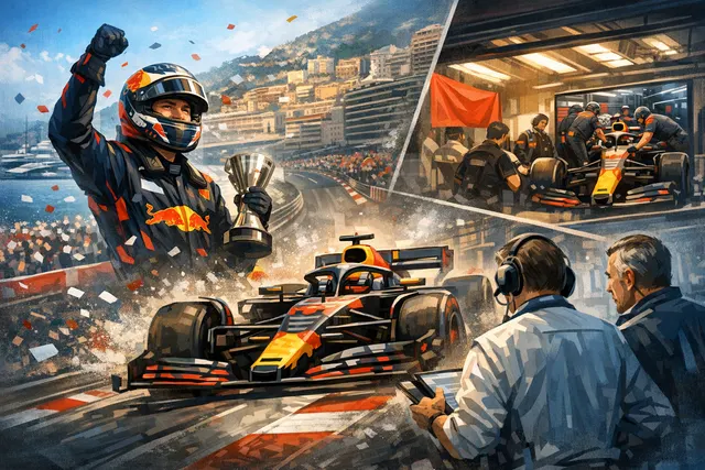 A dramatic F1 race on the Monaco street circuit, with sparks flying from a car's floor on the track