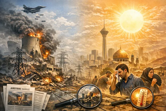 A dark city skyline with power lines and a faint orange glow, representing Iran's power grid collapse under airstrikes and heatwave.