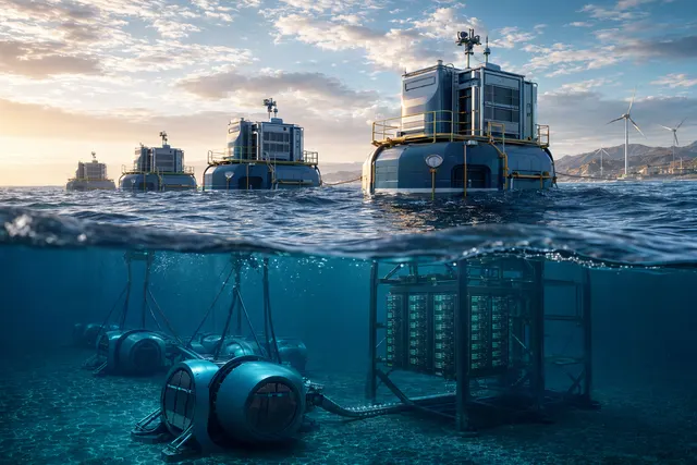 Illustration of floating ocean platforms powering AI compute with wave energy