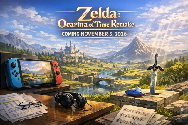 Editorial illustration for The Legend of Zelda: Ocarina of Time remake on Nintendo Switch 2