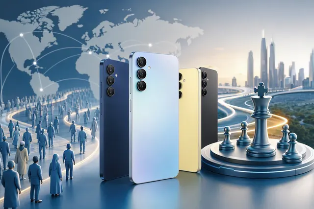 Editorial illustration of Samsung Galaxy smartphones representing the company’s Galaxy A-series production strategy