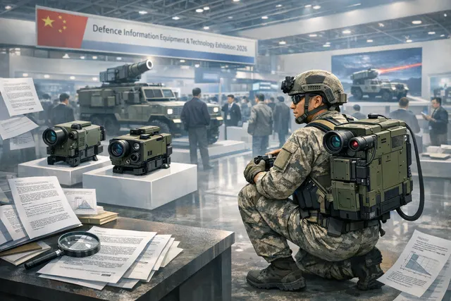 An AI-generated hero image illustrating the concept of China's backpack-sized Lijian laser weapon deployed by a soldier against a drone. Created by GPT Image 1.5.