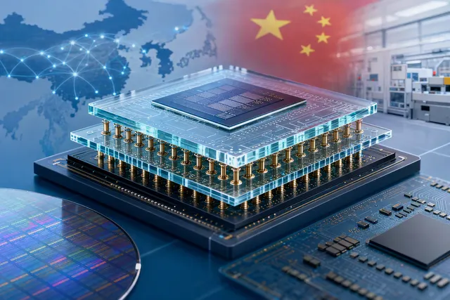 Illustration of through-glass via substrates used in advanced AI chip packaging