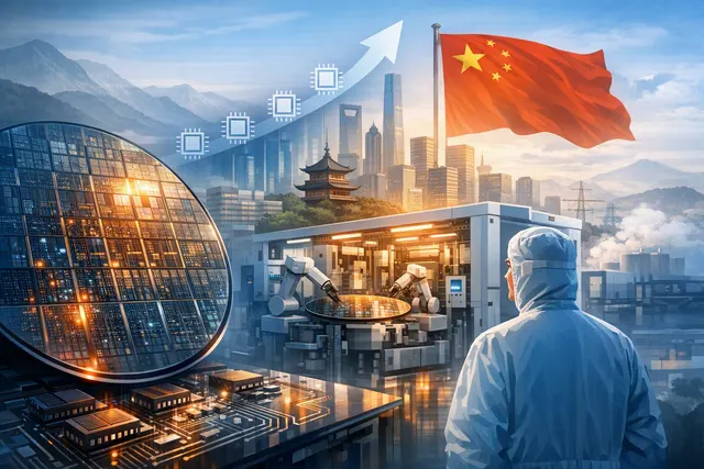 Illustration of semiconductor wafers and advanced chip manufacturing equipment representing China’s projected 2035 supply growth