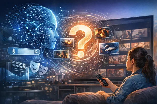 AI-powered Netflix interface concept showing voice search and mood-based content recommendations on a TV screen in a dark living room