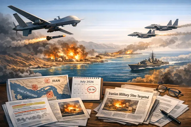 Explosions and military aircraft over a coastline near the Strait of Hormuz, illustrating the sixth consecutive night of U.S. strikes on Iran in July 2026.