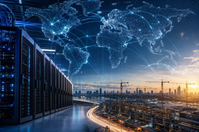 Illustration of AI data-center infrastructure and semiconductor chips