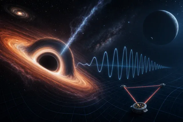 Illustration of gravitational waves radiating from a black-hole merger