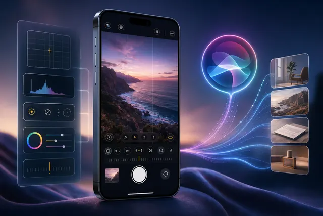 Illustration of an iPhone with AI, Siri, and camera controls representing rumored iOS 27 features