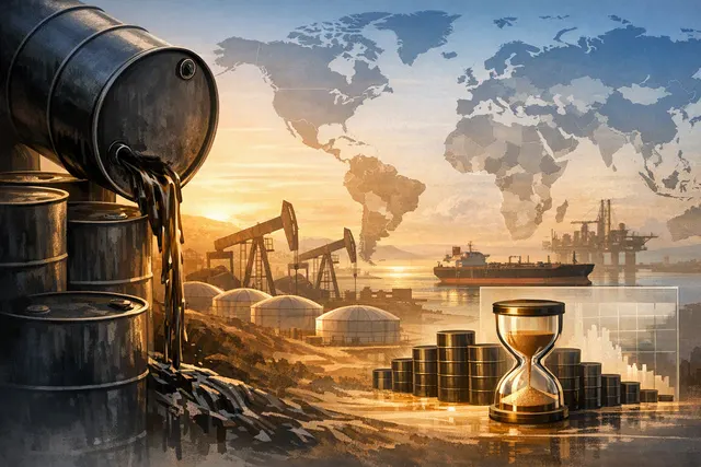Editorial illustration of strategic oil reserves, tankers and disrupted fuel supply routes