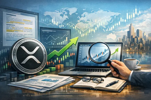 XRP chart showing a 13% price surge to $1.28 with annotations for whale accumulation, RLUSD stablecoin catalyst, and short squeeze dynamics.