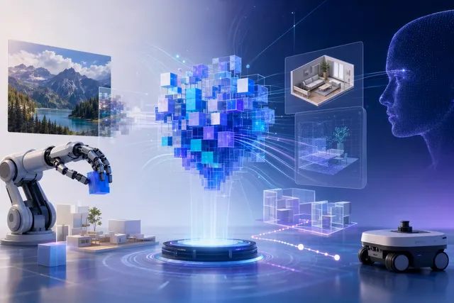 Editorial illustration representing a multimodal AI model analyzing images, video, and spatial relationships