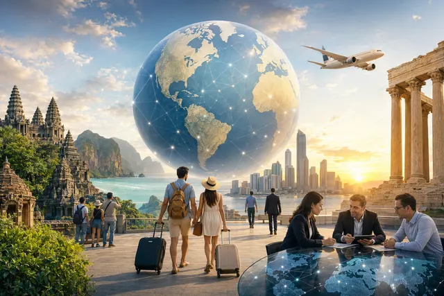 Illustration of global travelers and landmarks representing tourism recovery after crises