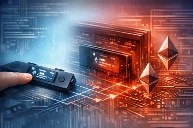 Illustration of a Ledger-style hardware wallet showing conflicting Ethereum transaction details during a signing review