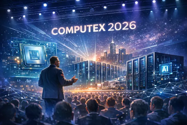 Abstract representation of Computex 2026 themes with AI processor units, data center infrastructure, and robotic arms on a futuristic circuit board backdrop