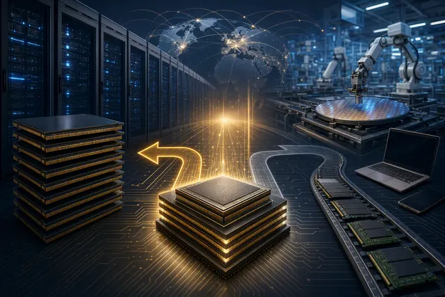 Editorial illustration of AI data-center demand driving a global memory-chip supply crunch