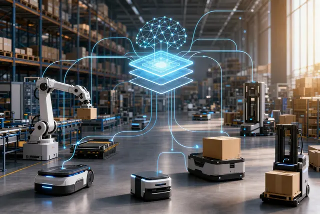 Illustration of warehouse robotics and flexible logistics automation
