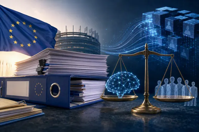 Editorial illustration of European AI and data-protection regulation