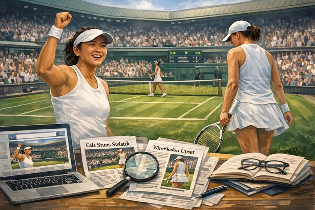 AI-generated editorial image representing Alexandra Eala's historic upset of Iga Swiatek at Wimbledon 2026
