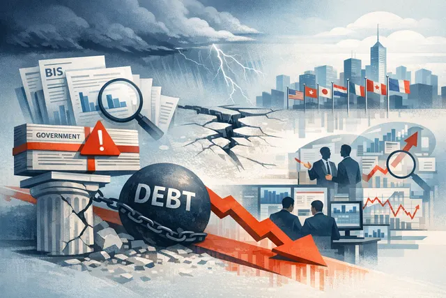 Abstract representation of a new fiscal-financial stability nexus, showing a government building and a stock market chart intertwined in a circular relationship, symbolizing system