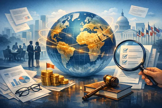 A conceptual image representing global corporate tax reform, featuring a world map with financial and legal symbols, illustrating the OECD's Pillar Two global minimum tax.