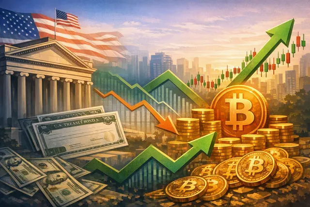 Illustration of Bitcoin rising through a short-squeeze liquidation cascade as U.S. Treasury bond yields fall