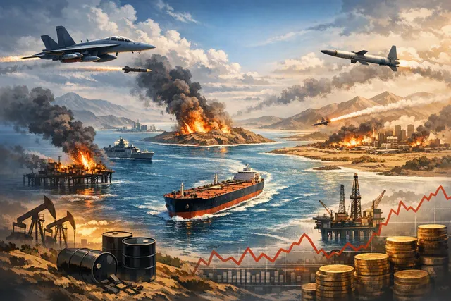 Editorial illustration of military escalation near the Strait of Hormuz affecting oil prices and Asian semiconductor markets