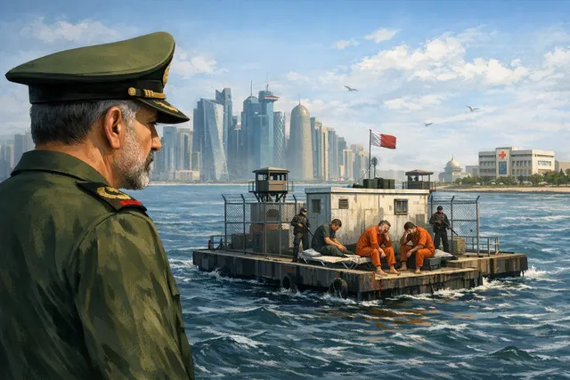 Editorial illustration of the disputed detention of three Iranian pilots by Qatar and Iran’s request for medical transfer