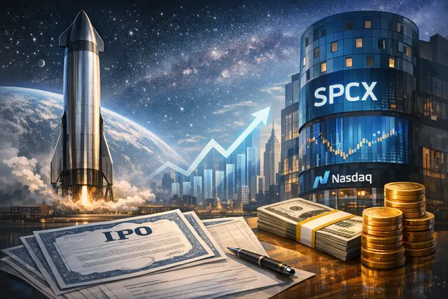 SpaceX IPO listing details, share price, and record-breaking Nasdaq debut concept art