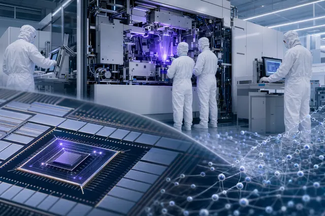 Concept illustration of a silicon quantum‑dot qubit device patterned with advanced lithography