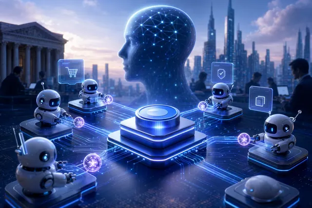 Concept illustration of autonomous AI agents conducting digital commerce over blockchain payment rails