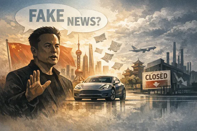 Elon Musk speaks at an event, with a Tesla Gigafactory Shanghai in the background and a Wall Street Journal headline about a potential China business sale overlaid.