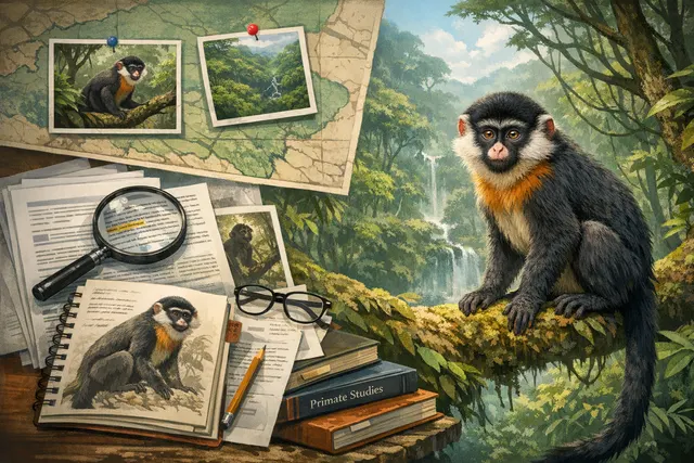 An AI-generated editorial image representing the new monkey species Likweli (Colobus congoensis) discovered in the Congo rainforest, with striking orange lips.