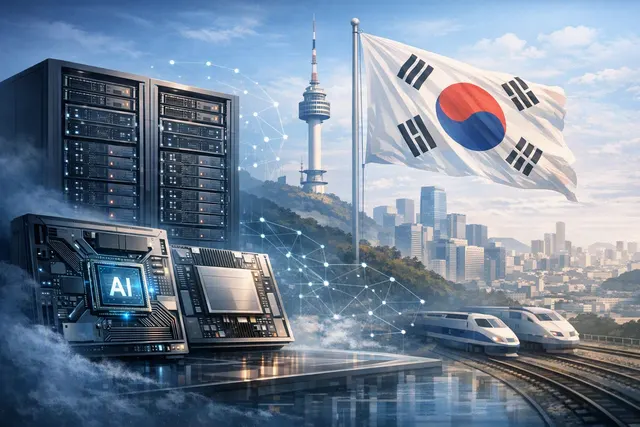 Editorial illustration of Huawei Ascend 950 AI processors and Atlas SuperPod clusters challenging Nvidia in South Korea