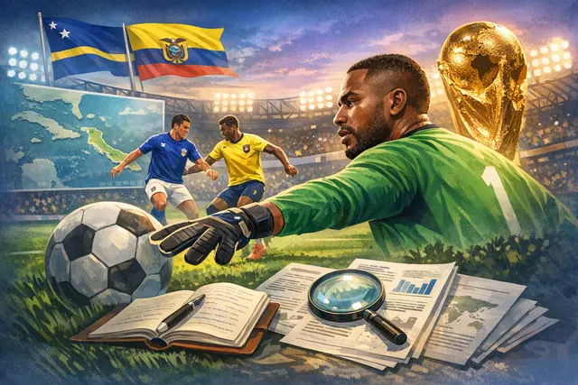 Curaçao goalkeeper Eloy Room diving to make a save during the 2026 World Cup match against Ecuador at Kansas City Stadium.