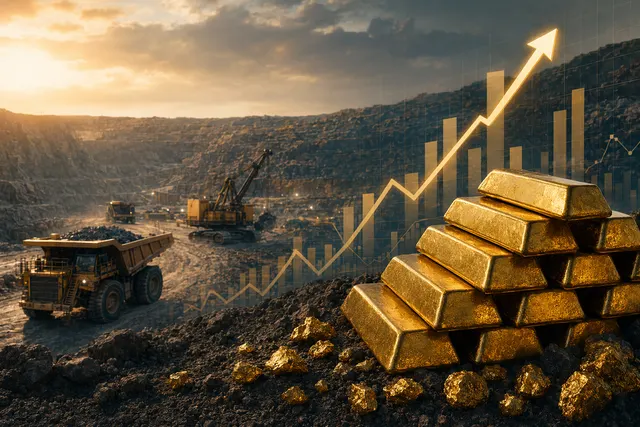Editorial illustration of gold bars, mining equipment, and a rising earnings chart for Barrick’s Q1 2026 results