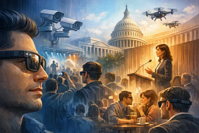 Illustration of camera-enabled smart glasses and the privacy debate over covert recording
